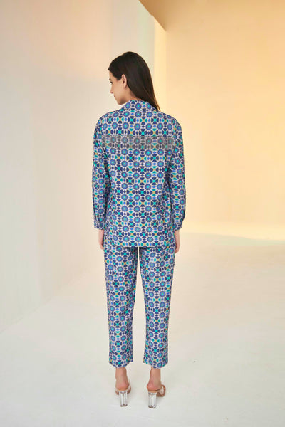 Lilac- Bliss Kokand Print Shirt And Pant Set, Lilac- Bliss Kokand Print Shirt And Pant Set created print inspired by the architecture of Uzbekistan, off shoulder short dress, BeTrue, Be True