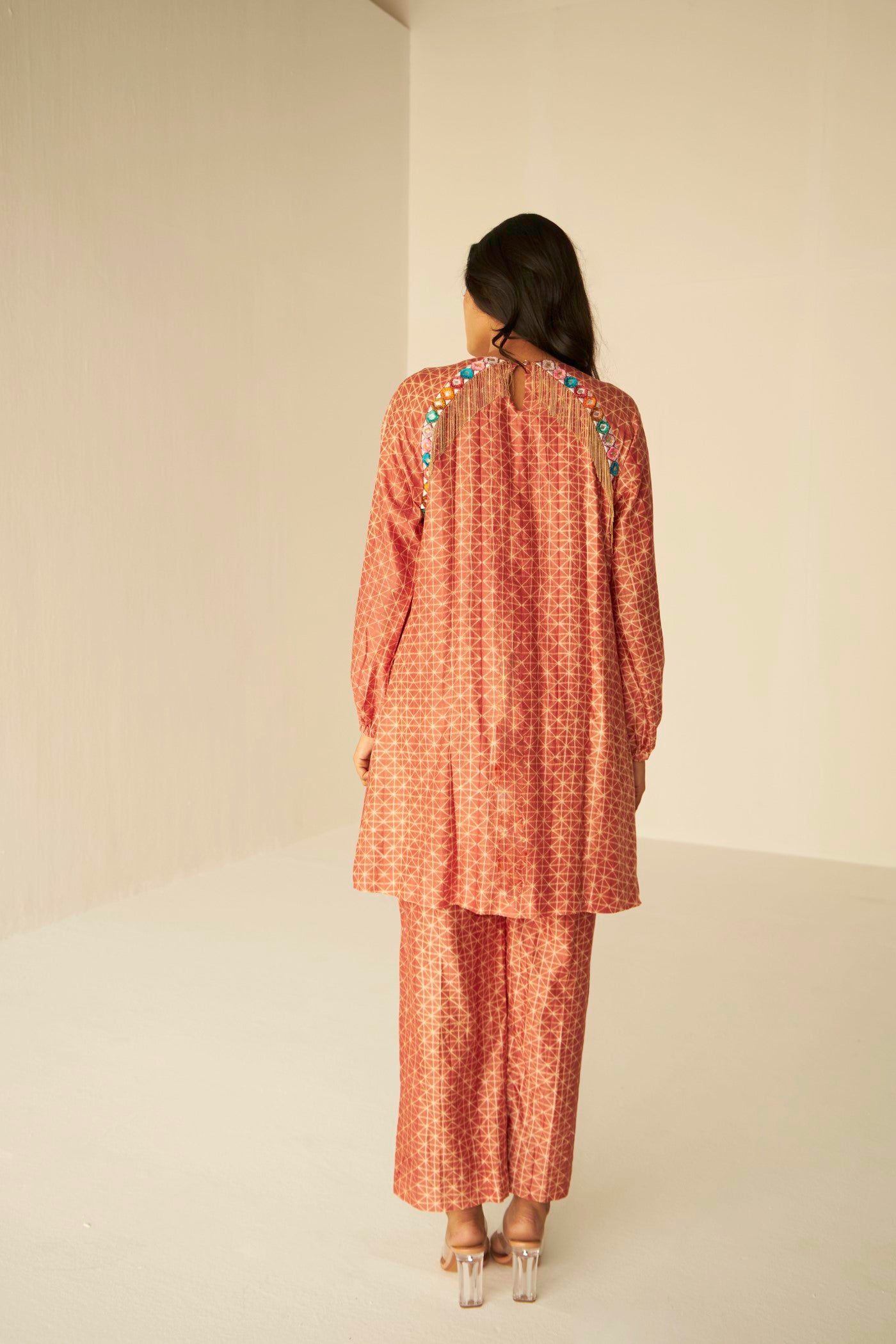 Rust -Raglan Sleeve Embroidered Shibori Shirt And Pants Set, BeTrue, Be True