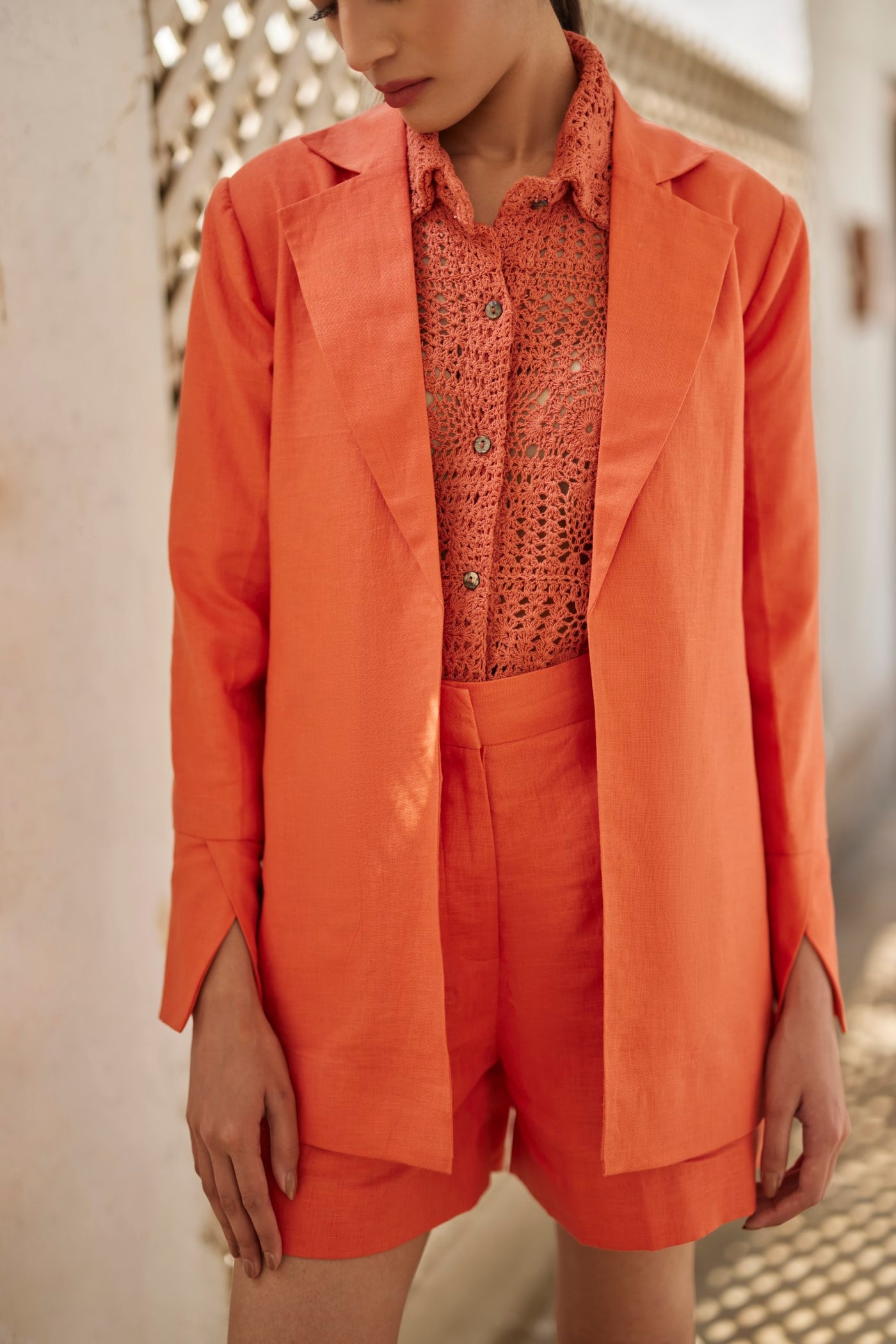 Rust Peony Linen Jacket And Linen Shorts, Rust Peony Linen Shorts, Rust Peony Linen Jacket, Rust Crochet Shirt, BeTrue, Be True