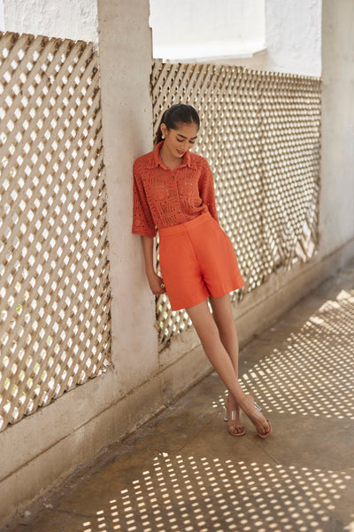 Rust Peony Linen Jacket And Linen Shorts, Rust Peony Linen Shorts, Rust Peony Linen Jacket, Rust Crochet Shirt, BeTrue, Be True