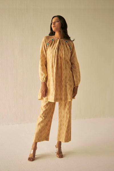 Beige-Raglan Sleeve Embroidered Shibori Shirt And Pants Set, BeTrue, Be True