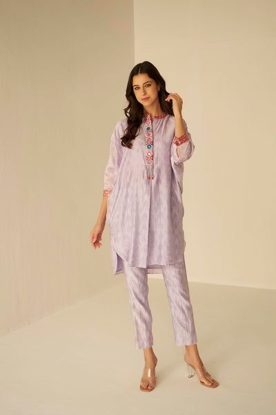 Lilac-Bat Sleeves Embroidered Shibori Shirt And Pant Set, aesthetic and looks amazing on all body shapes, BeTrue, Be True