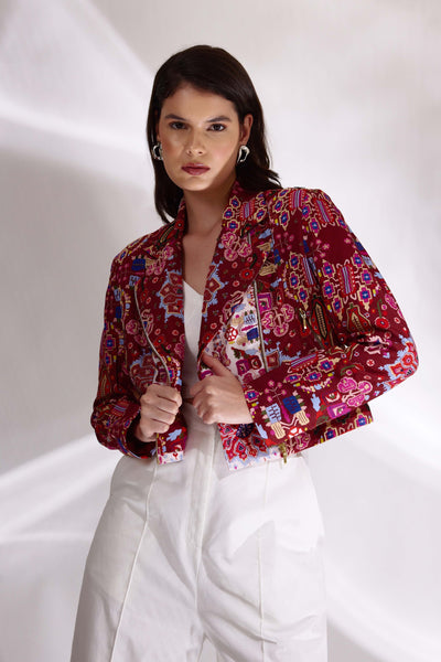 Kashan White And Red Print Hand Embroidered Biker Jacket In  Handloom Organic Cotton And Banana Silk, BeTrue, Be True