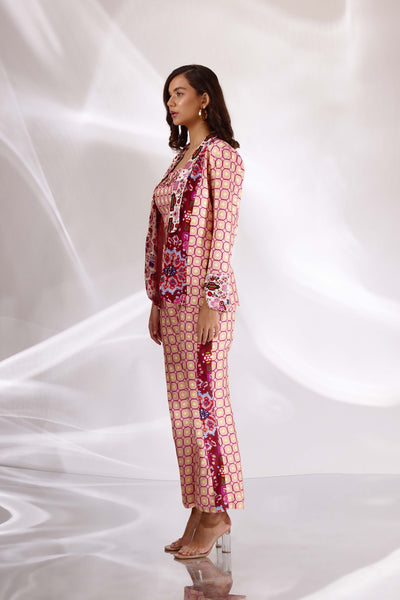 Blush Pink Mix Print Hand Embroidered Bustier, Blazer & Pants in Handloom Organic Cotton And Banana Silk, BeTrue, Be True