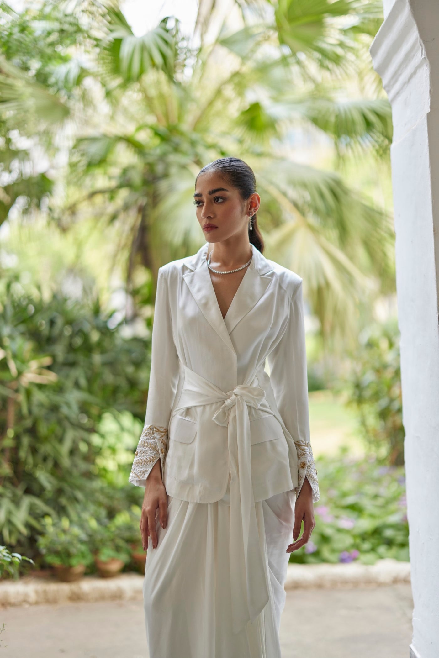 White Camellia Silk Wrap Jacket And Drape Skirt, White Camellia Silk Drape Skirt, Wrap style, Embroidery on cuffs with Resham and sequins, BeTrue, Be True