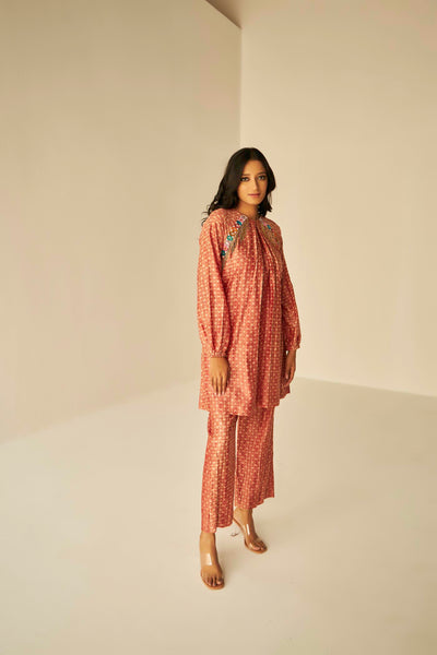 Rust -Raglan Sleeve Embroidered Shibori Shirt And Pants Set, BeTrue, Be True