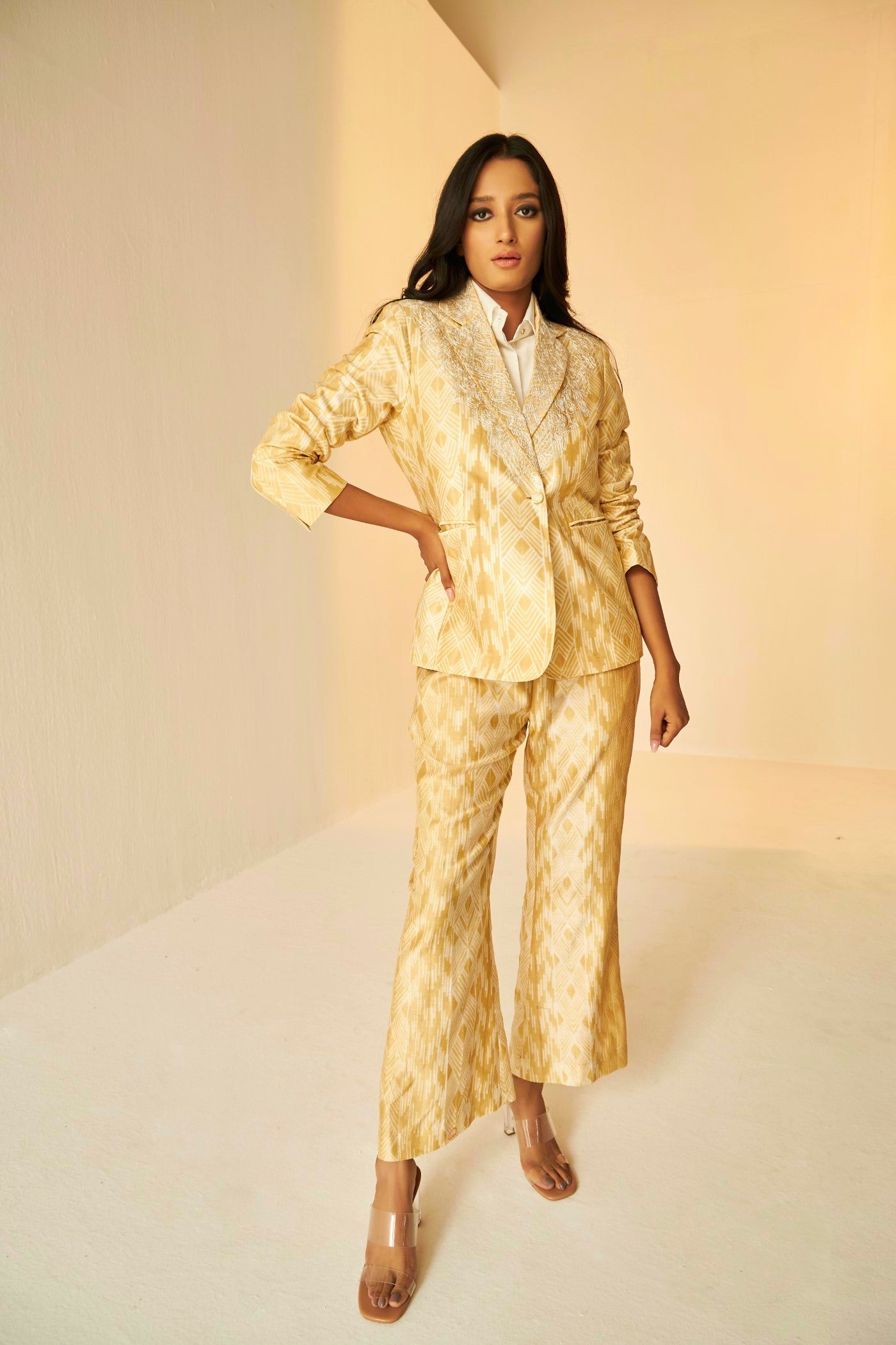 Beige Golden- Classic Blazer And Pants Set In Golden Shibori, a regular fit blazer with delicate Resham embroidery suitable for all ages and sizes, BeTrue, Be True