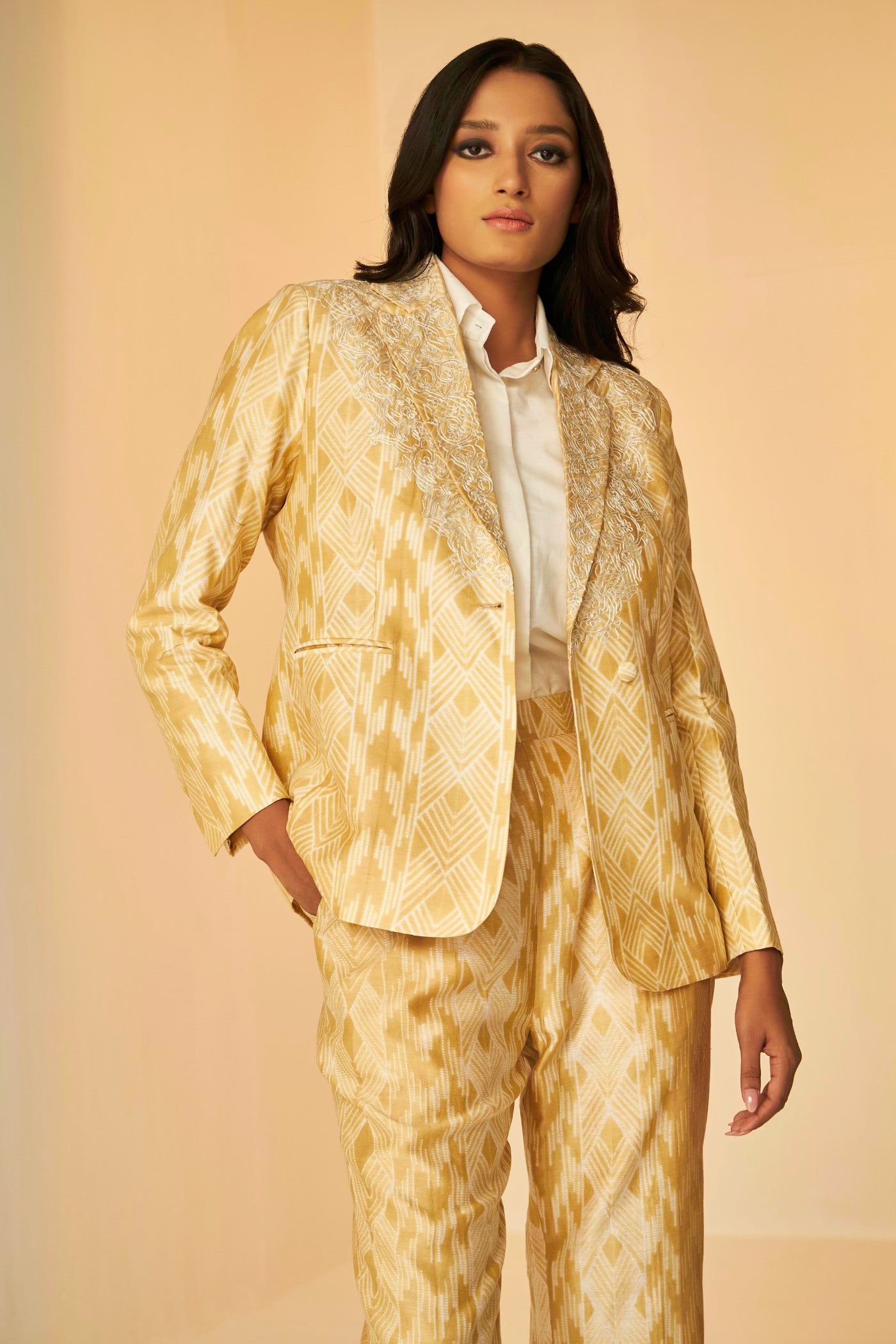 Beige Golden- Classic Blazer And Pants Set In Golden Shibori, a regular fit blazer with delicate Resham embroidery suitable for all ages and sizes, BeTrue, Be True